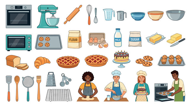 Oven mixer rolling pin whisk measuring cup bowl flour eggs milk sugar butter bread croissant pie cake cookies muffins baking tools and bakers vector illustration set