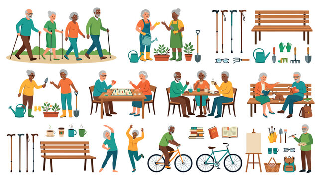 Elderly people walking gardening playing board games reading cycling painting exercising icons set