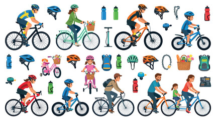Fototapeta premium People riding bicycles, helmets, water bottles, and bicycle accessories vector illustration set