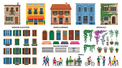 Plakat Building facades, windows, doors, awnings, balcony railings, botanicals, and people vector illustration set