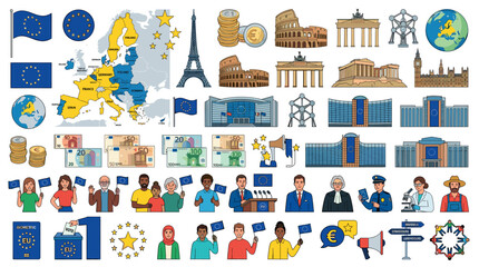 Fototapeta premium European Union map flag currency people buildings icons set, vector illustration of EU symbols and landmarks
