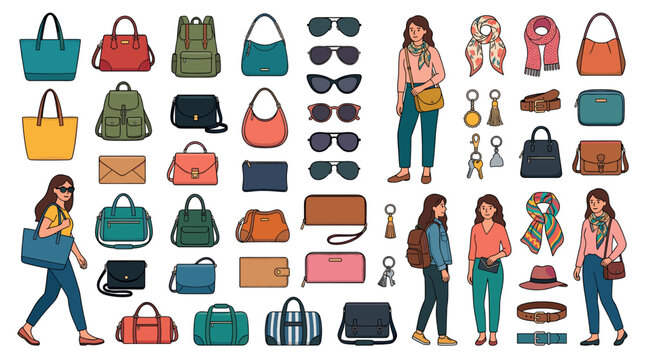 Fashion accessories set with various handbags, purses, sunglasses, scarves, belts, and keychains, alongside women carrying bags in flat design style