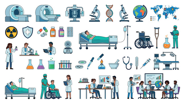 Medical equipment, laboratory tools, and healthcare professionals vector illustration set depicting various aspects of medicine and science