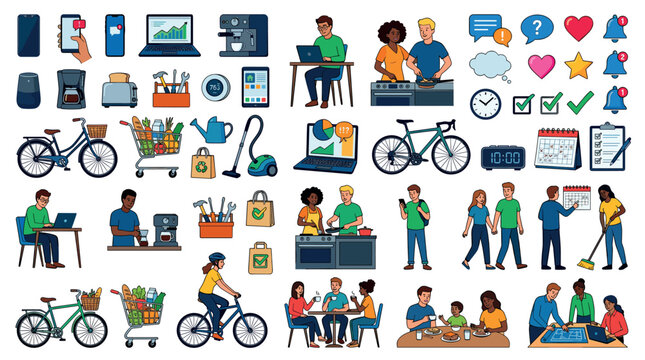 People doing daily activities, using technology, and household objects in a colorful flat design icon set