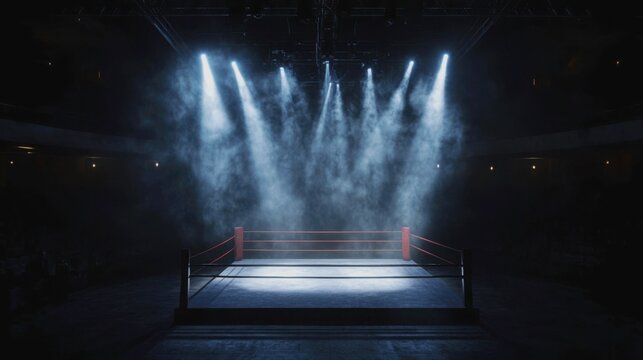 A wide, serene shot of an empty professional boxing ring in a vast, dark arena