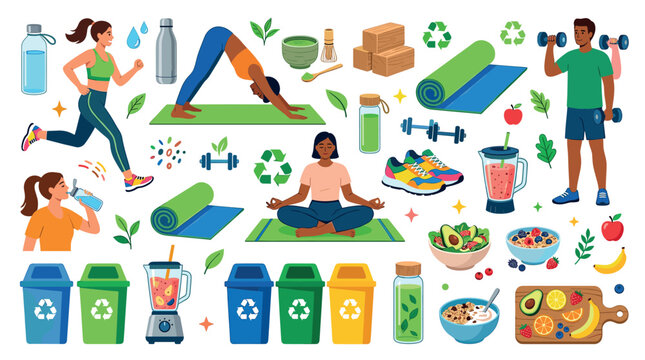 People exercising yoga running lifting weights with healthy food recycling bins and fitness equipment flat vector illustration set