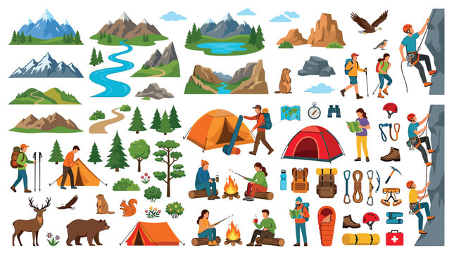 Mountains river trees hikers campers climbers animals equipment icons set, a colorful flat vector illustration of outdoor adventure and nature exploration