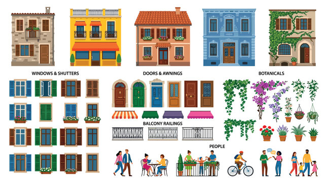 Building facades, windows, doors, awnings, balcony railings, botanicals, and people vector illustration set