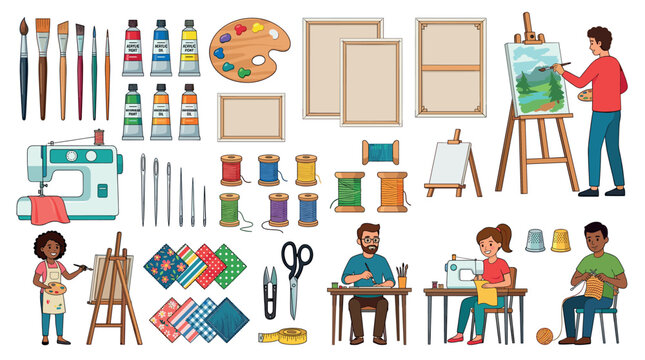 Art and craft supplies including paint brushes, tubes, palette, canvases, sewing machine, needles, threads, fabric, scissors, thimbles, and people doing hobbies vector illustration set