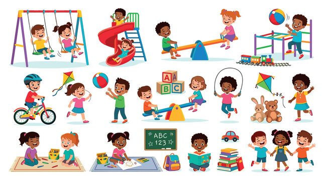 Happy children playing with toys, riding a bicycle, jumping rope, drawing, reading, and having fun at the playground, cartoon vector illustration set