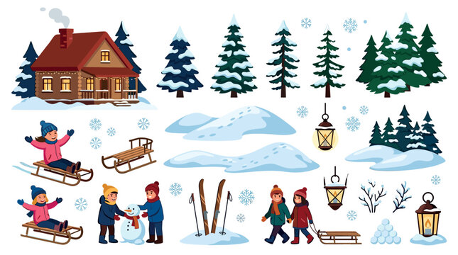 Winter house trees kids sledding skiing snowman lanterns snowdrifts snowflakes vector illustration set