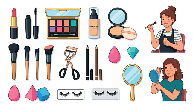 Lipstick mascara eyeshadow foundation powder brushes curler pencils sponges mirror eyelashes makeup beauty set vector illustration
