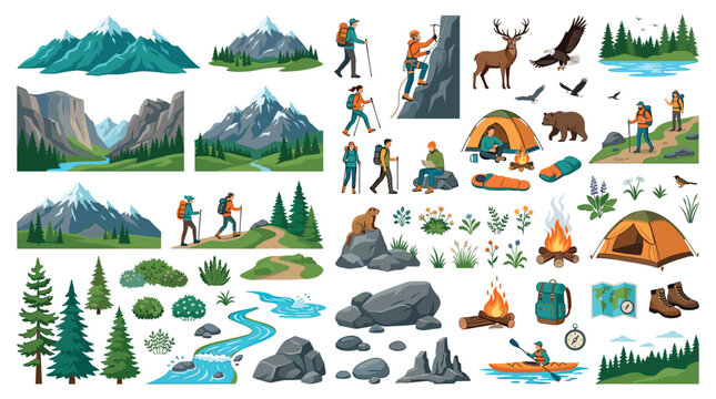 Mountains hikers camping equipment animals plants vector illustration set for outdoor adventure and nature exploration