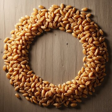 Golden cereal grains scattered and arranged to define a large, empty central area. Excellent natural texture background with generous copy space, natural, frame, seed