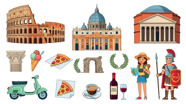 Colosseum St. Peter's Basilica Pantheon landmarks, pizza ice cream coffee wine food, scooter tourist Roman soldier travel icons set