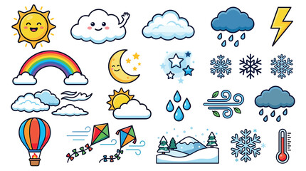 Obraz premium Sun cloud rainbow moon stars snowflake rain wind hot air balloon kite thermometer weather icons set vector illustration