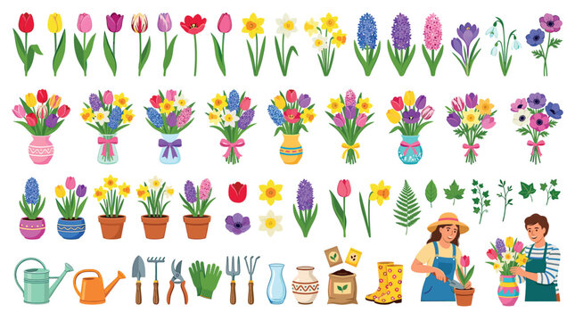 Tulips daffodils hyacinths snowdrops anemones flowers bouquets potted plants gardening tools people vector illustration set