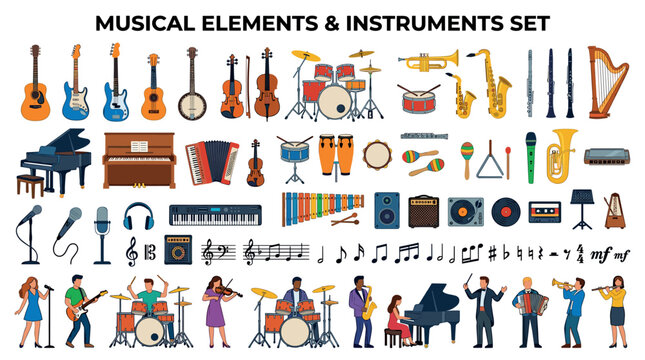 Guitars piano accordion drums saxophone trumpet violin harp musical instruments and elements set vector illustration