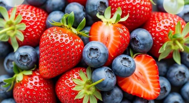 Top view of fresh strawberries and blueberries