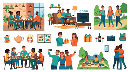 Obraz premium Friends enjoying various activities together including dining, watching TV, walking, picnicking, and celebrating, depicted in a flat vector illustration set