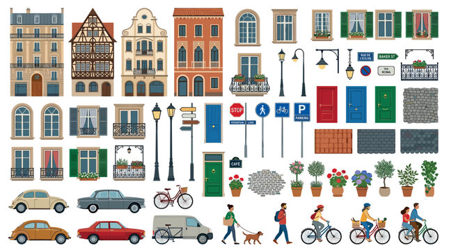 City street elements set with buildings, windows, doors, cars, bicycles, people, and streetlights in a flat design style