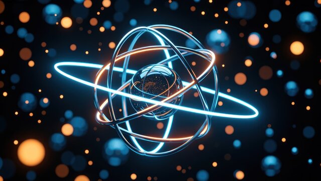 abstract 3d rendering of a quantum qubit with glowing neon rings and cinematic bokeh