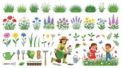 Fototapeta premium Gardening tools flowers grass plants children woman bees butterflies vector illustration set
