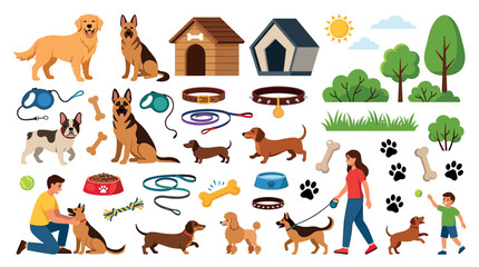 Naklejka premium Dogs, dog houses, leashes, collars, bones, bowls, people, trees, and paw prints vector illustration set