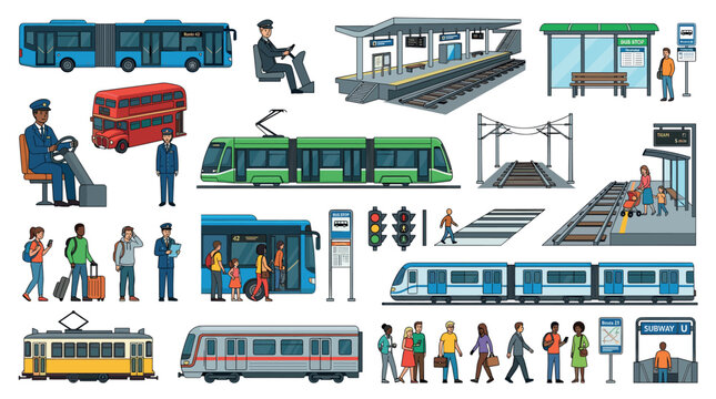 Bus tram train subway station people driver passenger public transport flat cartoon icons set