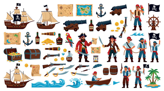 Pirate ship treasure map anchor rum bottle cannon icons set, vector illustration