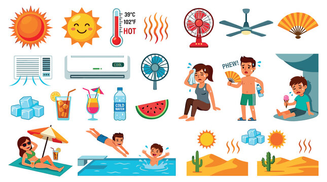 Sun thermometer fan air conditioner ice drinks people desert icons set, depicting hot summer weather and ways to cool down, vector illustration