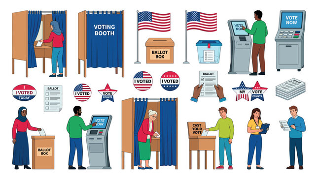 People voting in booths, ballot boxes, voting machines, and election badges vector illustration set
