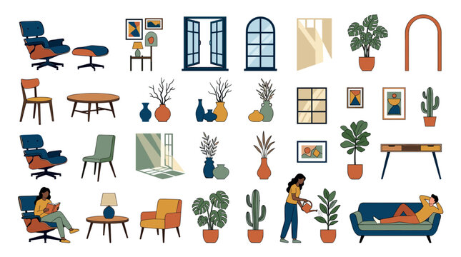 Furniture chair table sofa window plant vase lamp icons set, modern home interior elements vector illustration