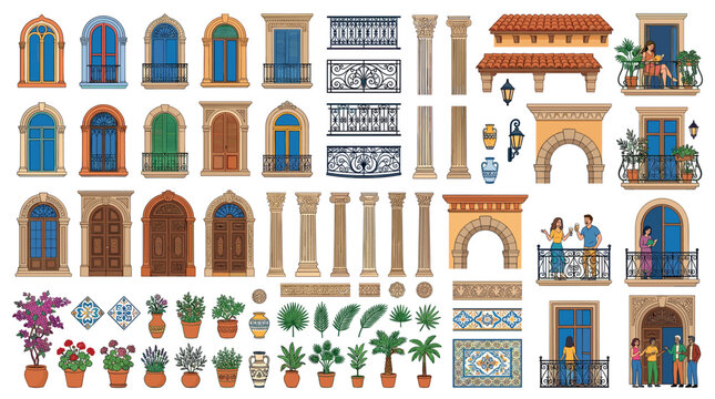 Windows doors balconies columns plants people architecture elements vector illustration set