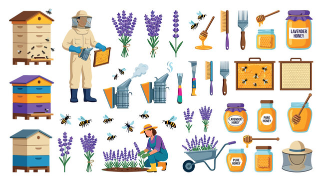 Beekeeper beehive honey bee lavender flower jar dipper smoker tools flat icon set