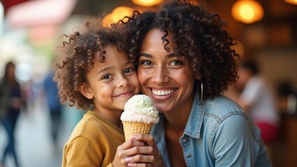 Naklejka premium Happy mother with little son sharing ice cream outdoors, warm family moment, smiling faces, tender connection, summer lifestyle, parenting love, childhood joy