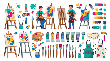 Fototapeta premium Artists painting on easels with brushes, paints, palettes, and aprons, creating abstract art in a colorful vector illustration set