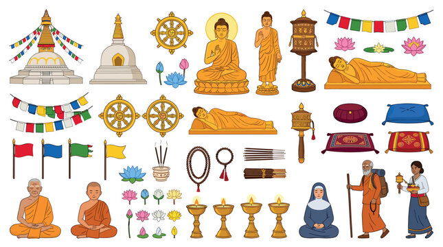 Buddha statues stupa prayer flags wheels lotus flowers incense beads candles monks nuns icons set