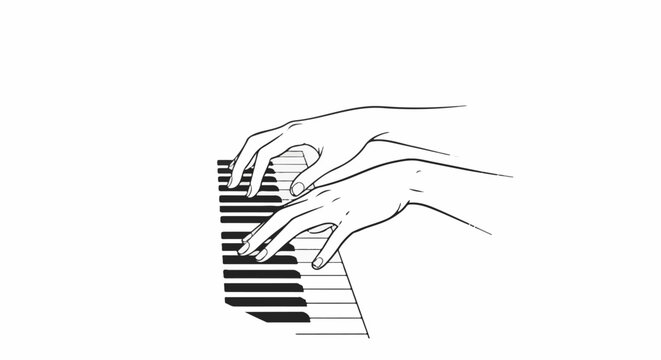 Two hands playing a black and white piano keyboard with delicate lines