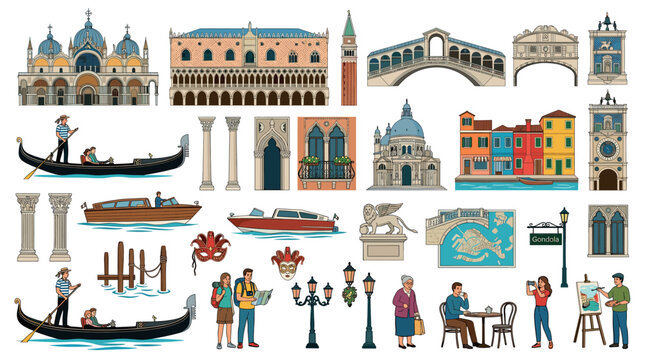 Venice landmark building gondola boat mask people street lamp map icon set, hand drawn vector illustration