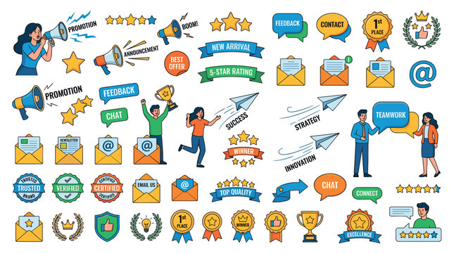 People megaphones stars envelopes awards badges speech bubbles paper planes business marketing communication icon set