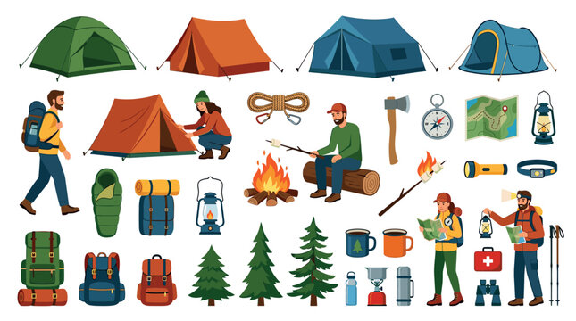 Camping tent backpack sleeping bag campfire map compass icons set for outdoor adventure activities