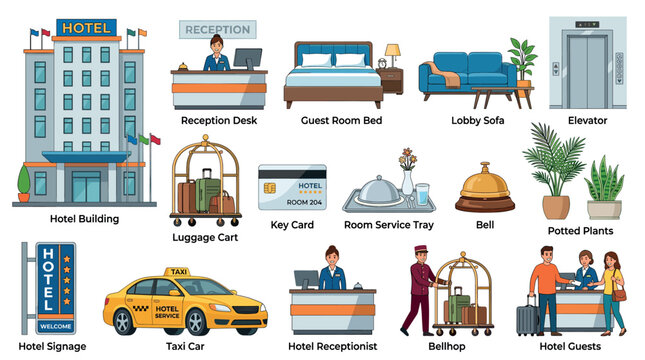 Hotel building reception desk guest room bed lobby sofa elevator icons set, vector illustration in flat design style