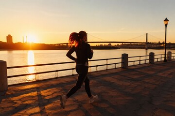 Fototapeta premium Red haired woman running on city embankment at sunset. The scene captures an energetic yet peaceful mood with golden sunlight. Ideal for fitness, health, and lifestyle marketing materials.