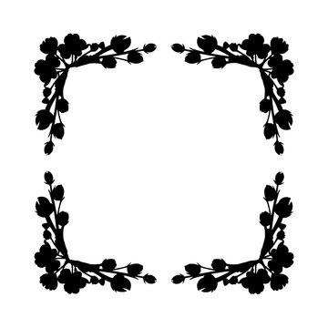 Black Floral Silhouette Corner Frame with Blossoming Branches