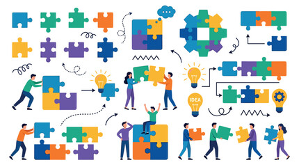 Naklejka premium People assembling colorful puzzle pieces with light bulbs and arrows, representing problem solving, teamwork, and business solutions in a flat vector illustration