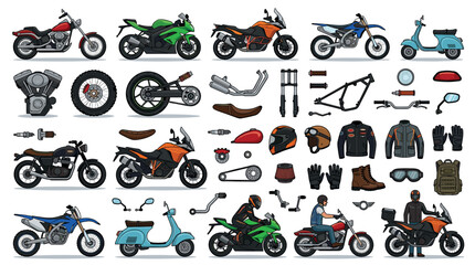 Obraz premium Motorcycle scooter parts accessories clothing helmet boots gloves backpack vector illustration set