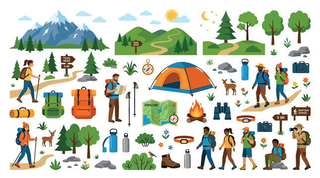 Hikers mountains trees tent campfire map compass backpack boots icons set, a flat vector illustration of outdoor adventure and camping equipment