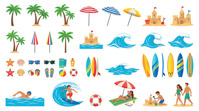 Palm trees, beach umbrellas, sandcastles, ocean waves, surfboards, and people enjoying summer vacation flat icon set