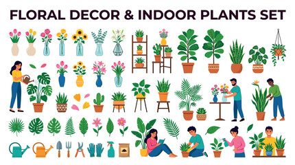 Fototapeta premium People caring for various indoor plants, flowers in vases, gardening tools, and potted plants in a flat vector illustration set